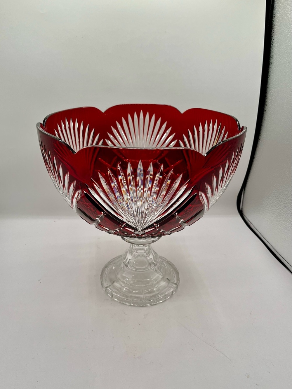 Vintage Ruby Red Crystal Cut-to-clear Pedestal Centerpiece Bowl